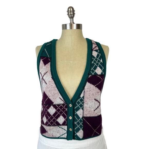 Free People Camilla Button Down Vest Plum Pine Combo Argyle Plaid Print (Sz S) - Picture 1 of 10